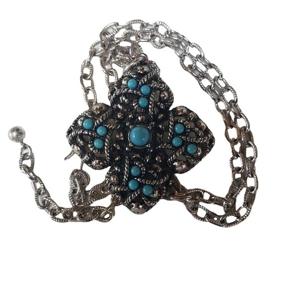 Avon Sierra Maltese Cross Faux Turquoise Necklace Pendant Vintage 1973 - Picture 5 of 12
